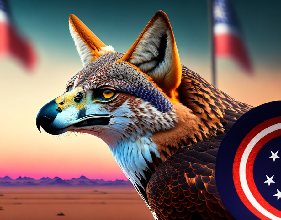 Digital artwork: Eagle with fox head in desert sunset, American flag details