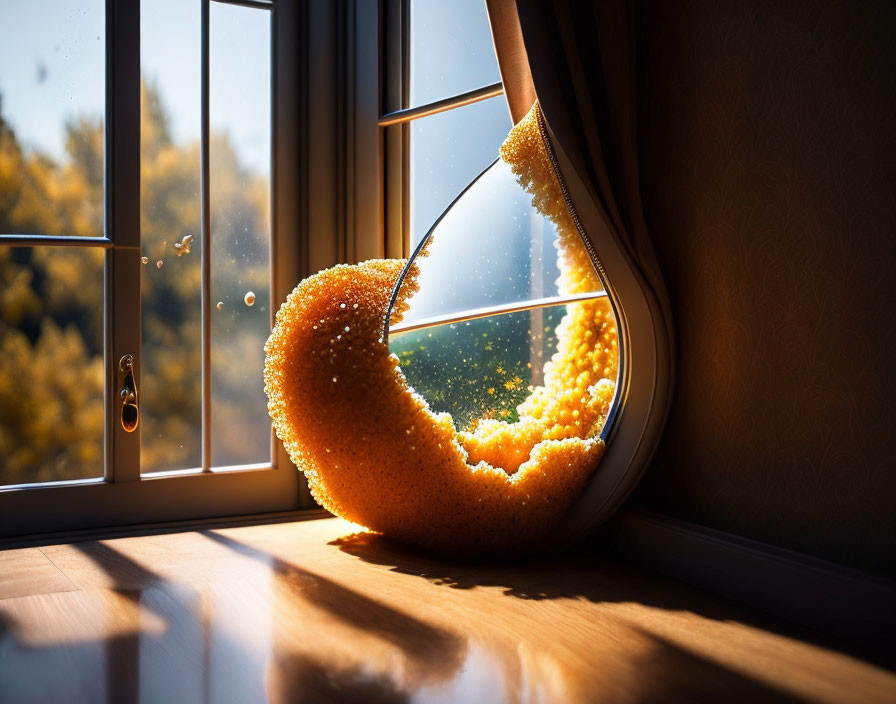 Surreal orange substance flowing through window in golden sunlight