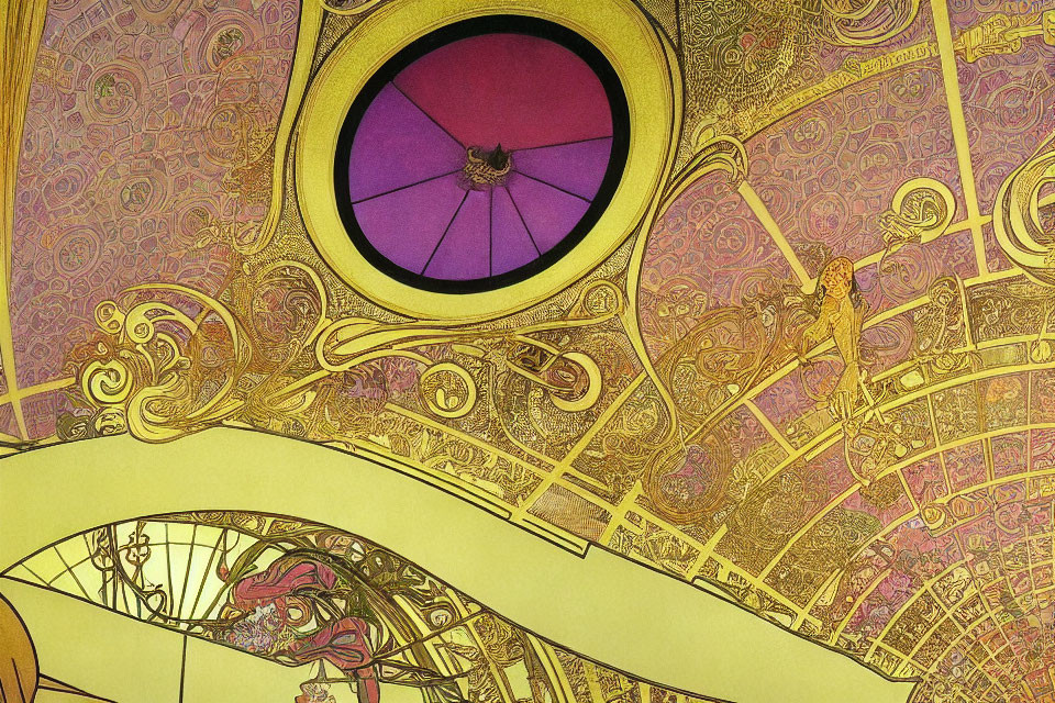 Intricate Art Nouveau Architecture with Purple Glass Round Window