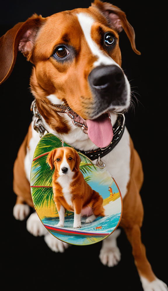 Brown and White Dog with Collar and Tag in Tropical Setting