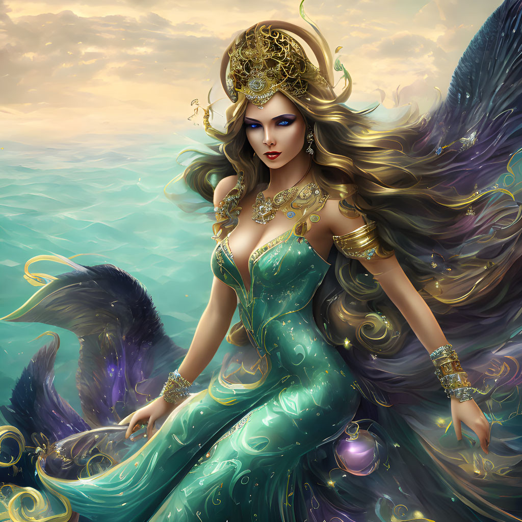 Mythical queen illustration with flowing hair and gold crown