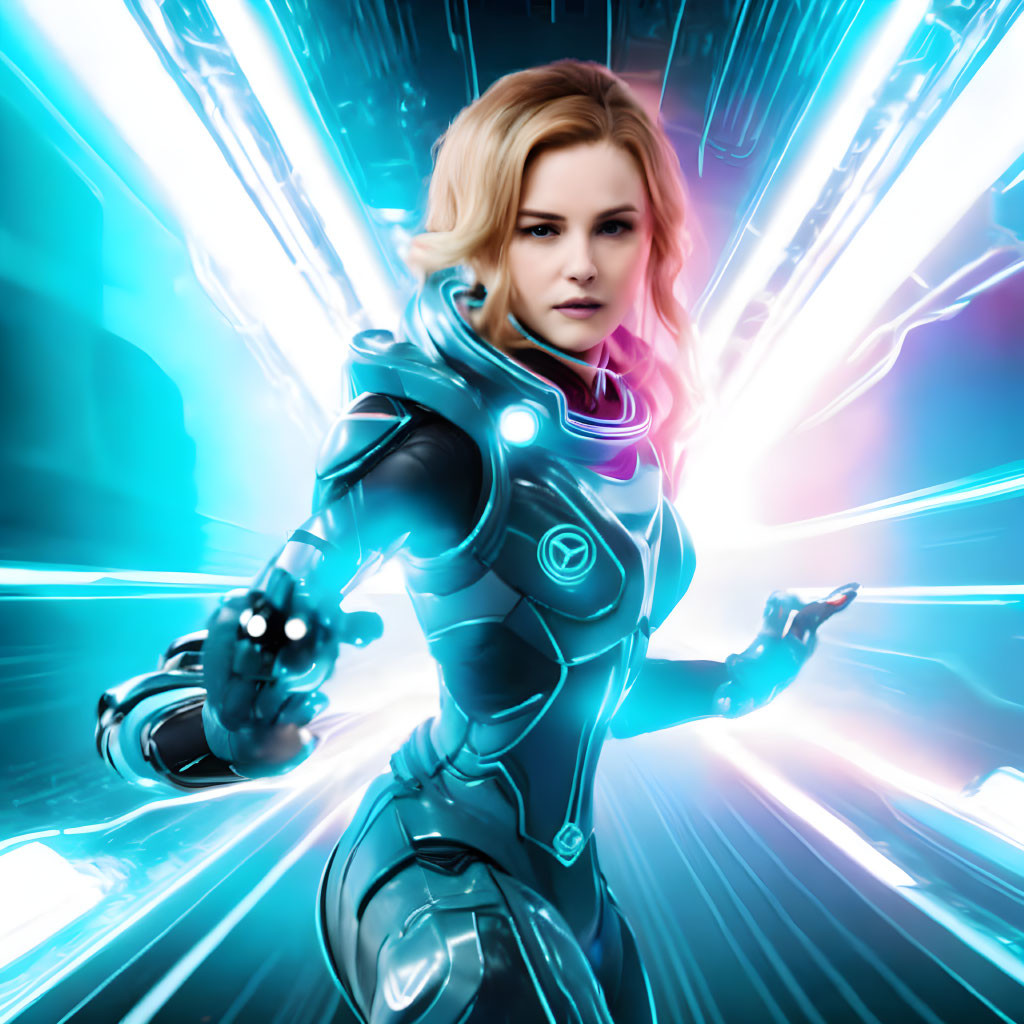 Blond female character in futuristic blue armor against dynamic blue light background