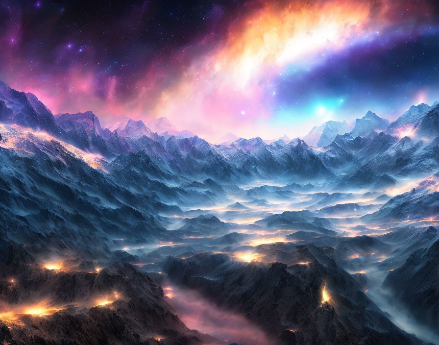 Colorful Cosmic Landscape with Snowy Mountains & Nebula Clouds