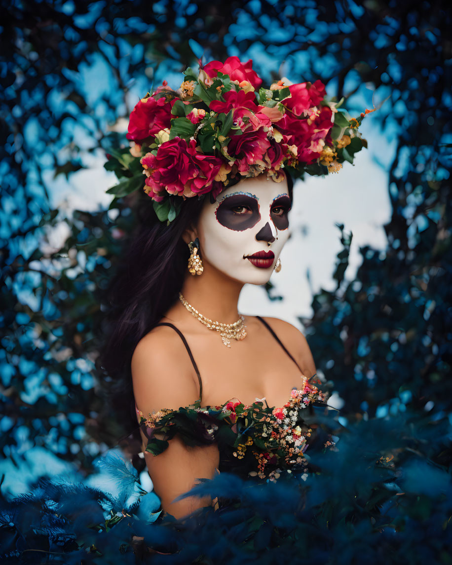 Woman with vibrant floral crown and Dia de los Muertos makeup holding flowers against leafy backdrop