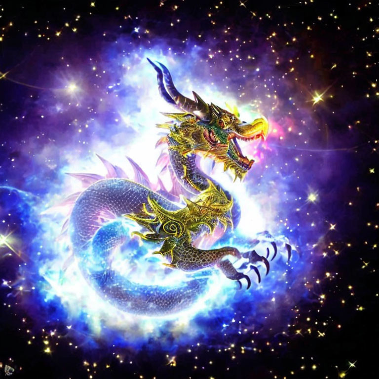 Golden dragon in cosmic setting breathing red fire