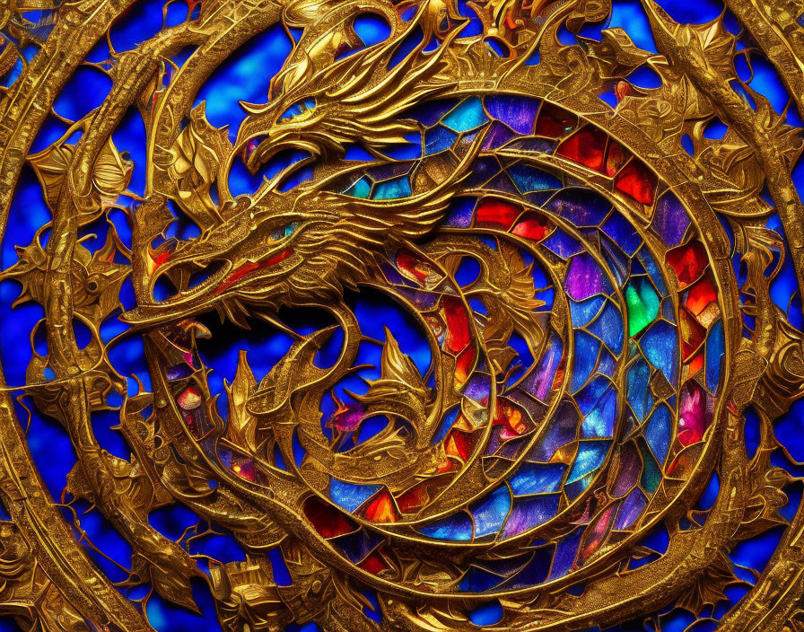 Golden Dragon Carving with Stained Glass Effect on Ornate Background