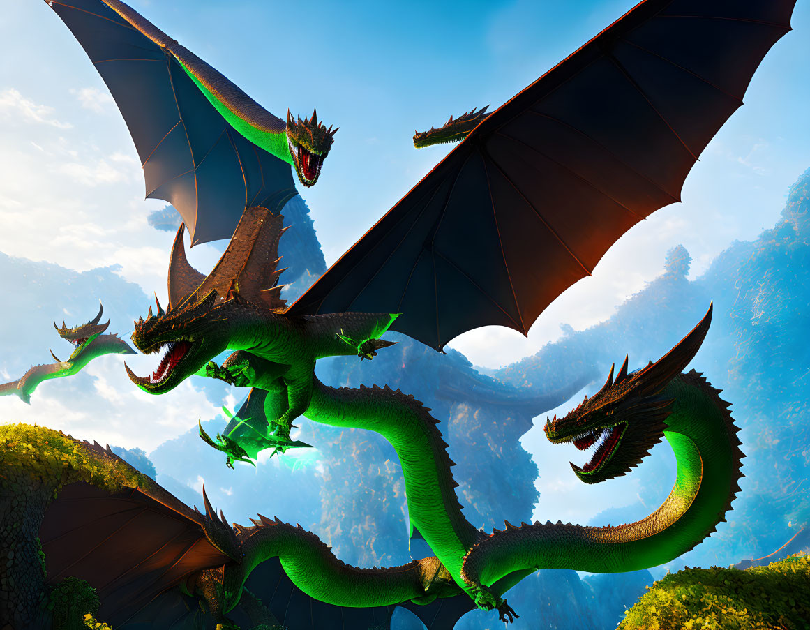 Three majestic green dragons flying over forested mountains under a blue sky