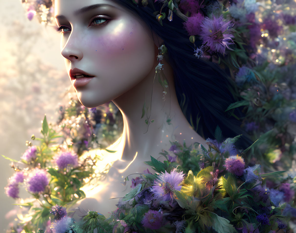 Dark-haired woman in dreamy setting with purple flowers