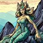 Mythical queen illustration with flowing hair and gold crown