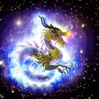 Golden dragon in cosmic setting breathing red fire