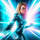 Blond female character in futuristic blue armor against dynamic blue light background