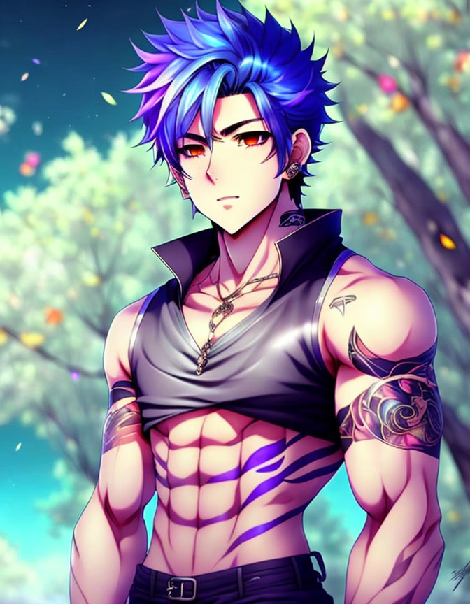 Blue Spiky Haired Male Character with Tattoos in Sleeveless Top in Nature Scene