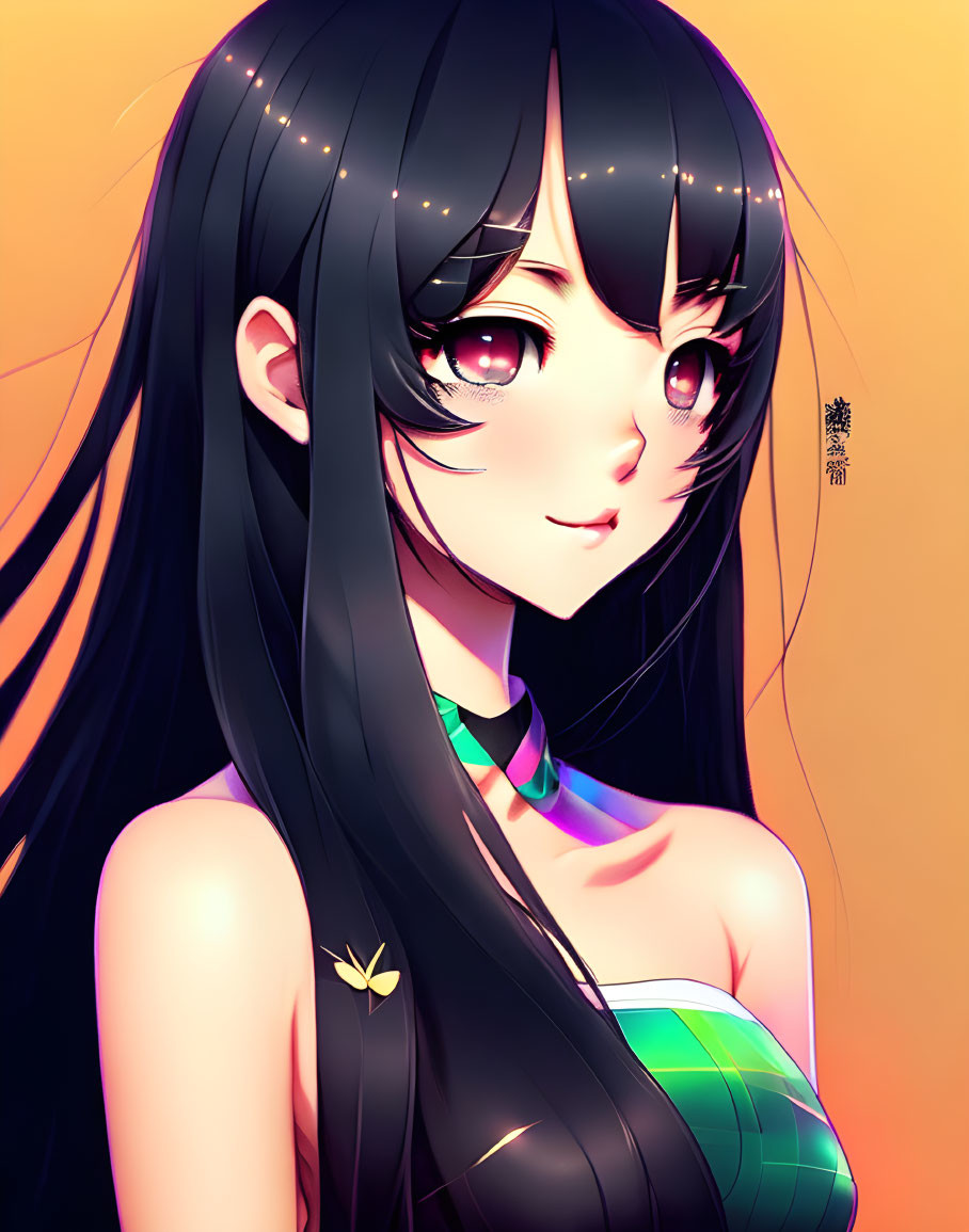 Long black hair anime girl in green top on orange-yellow gradient.