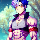 Blue Spiky Haired Male Character with Tattoos in Sleeveless Top in Nature Scene