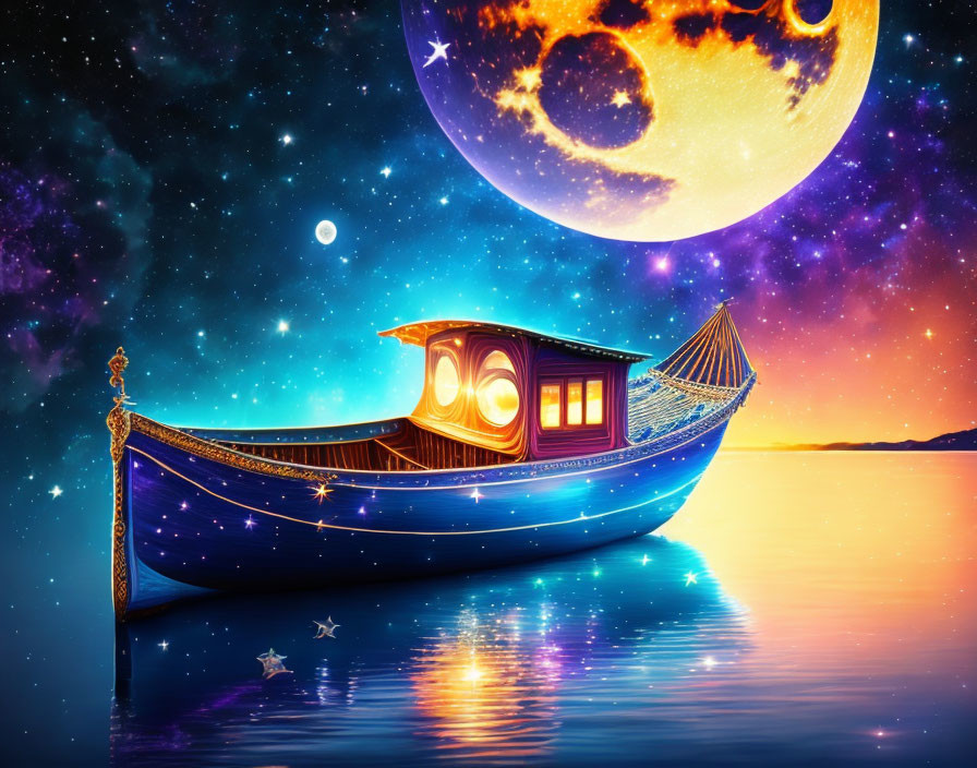 Luminous boat on serene lake under starry sky with whimsical moon