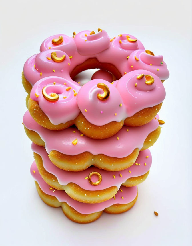 Pink Frosted Doughnuts with Gold Sprinkles on White Background