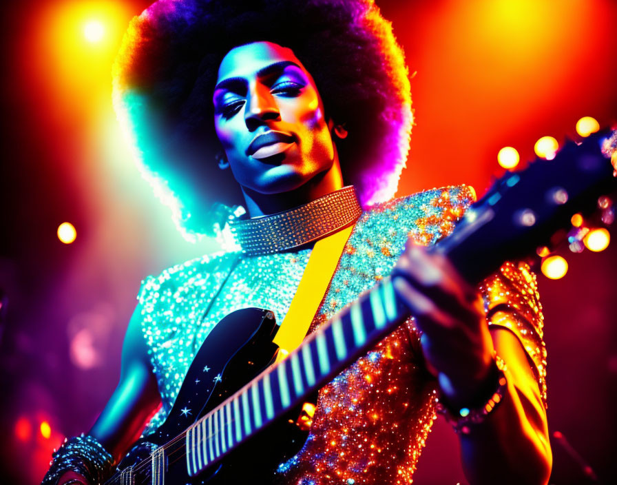 Colorful stage lights illuminate afro performer playing guitar