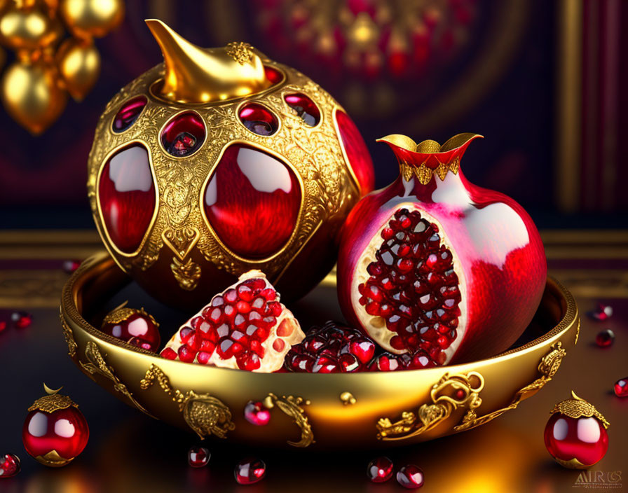 Golden bowl with pomegranate and ornate container with jewels