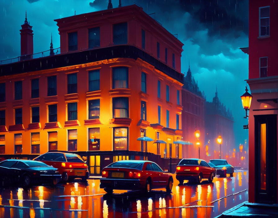 Rainy Evening: City Lights Reflecting on Wet Streets and Classic Building