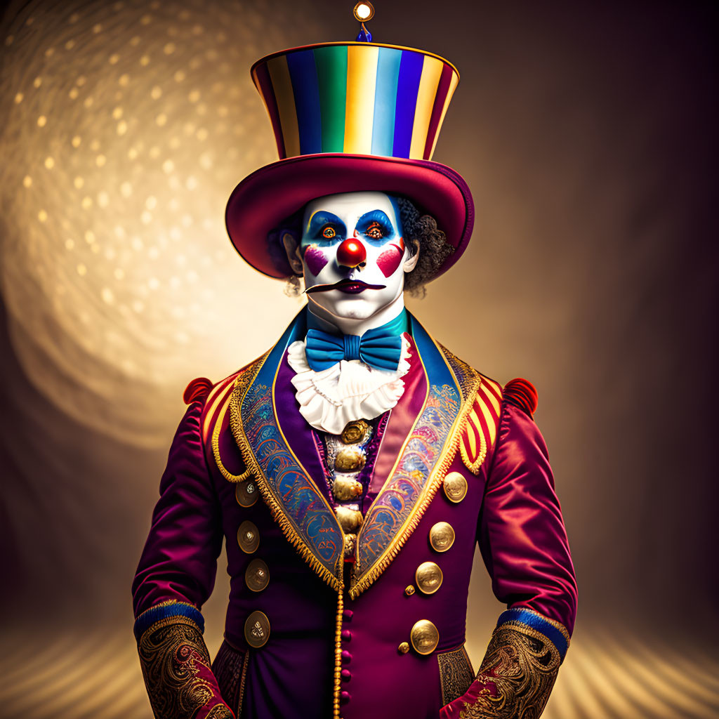 Colorful clown in striped top hat and regal red costume on warm-toned backdrop