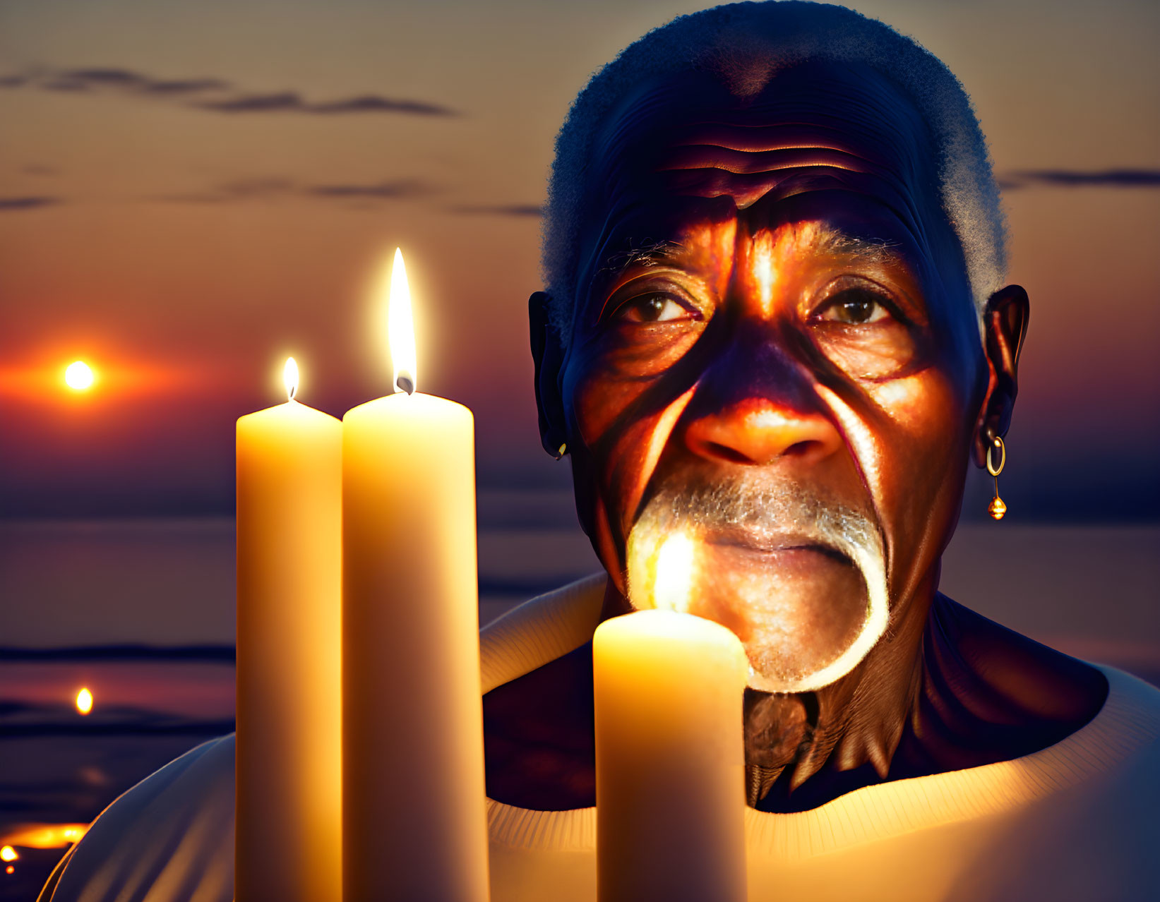 Elderly person with earrings in candlelit room at sunset