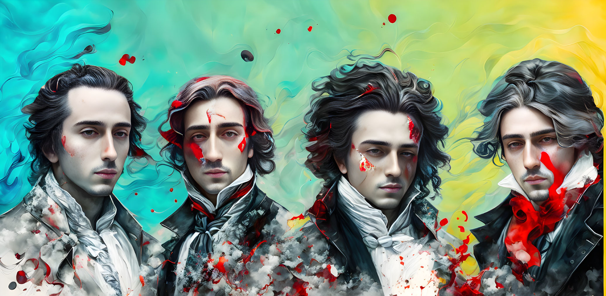 Vibrant digital artwork: Four men in historical attire with red and turquoise paint splashes