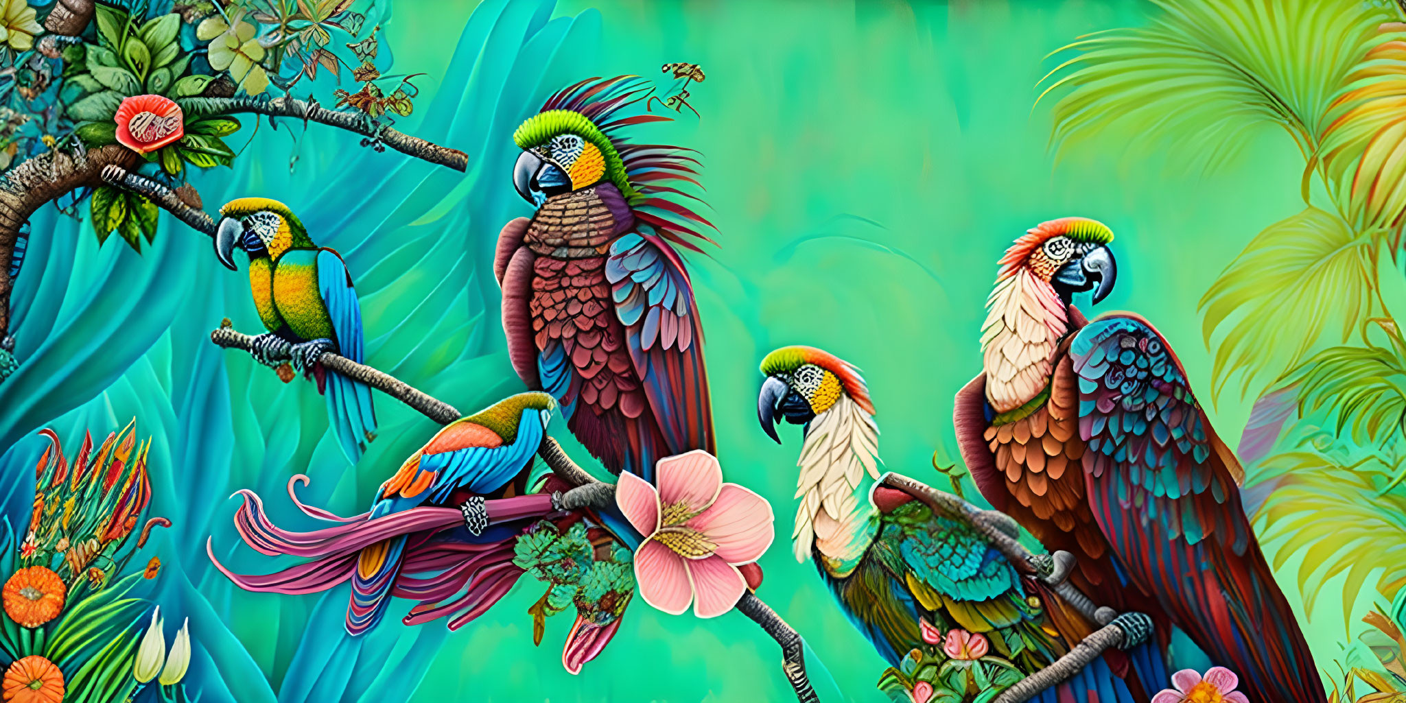 Colorful Parrots Perched on Tropical Branches and Foliage