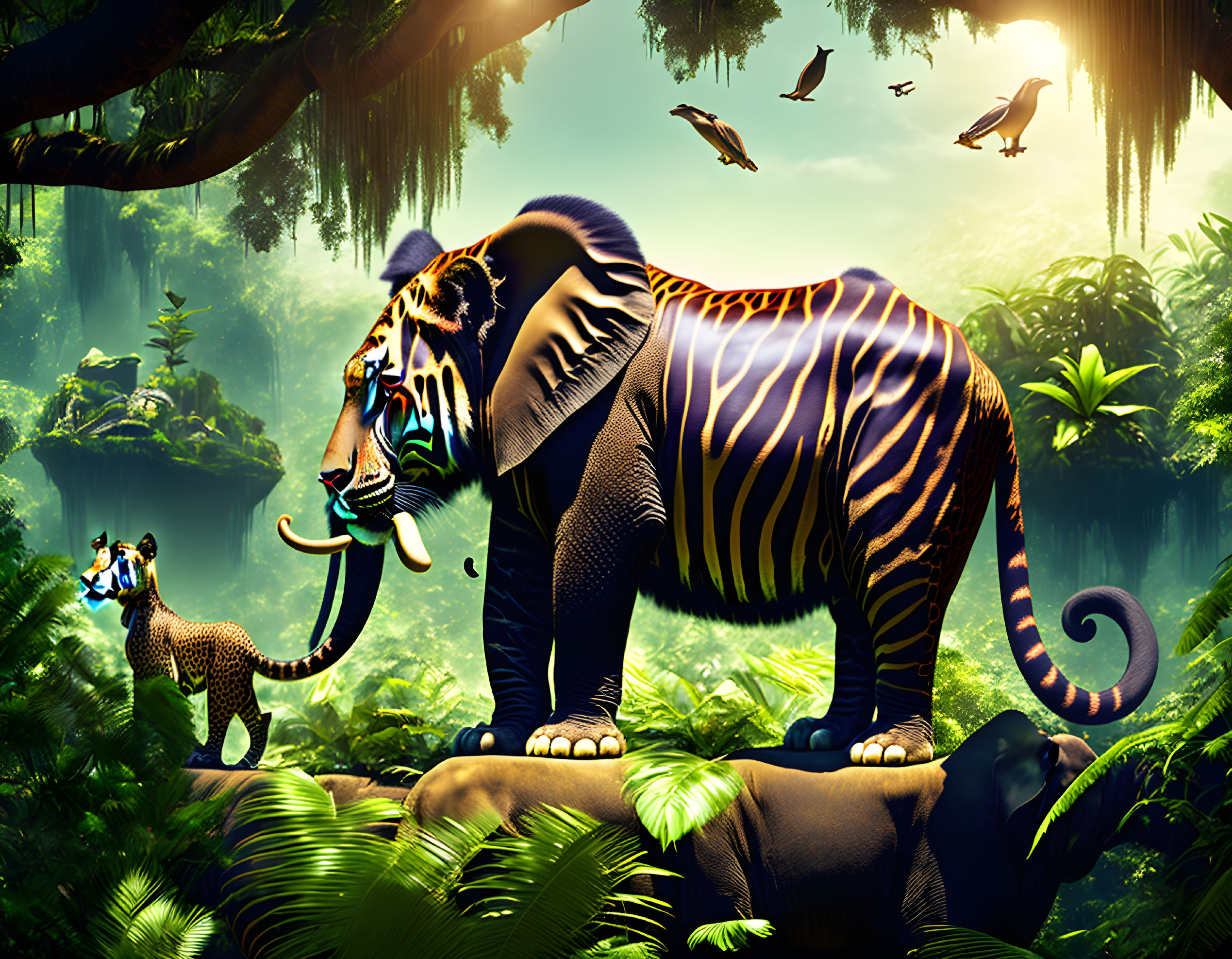 Imaginative jungle scene with unique animal hybrids and mystical elements