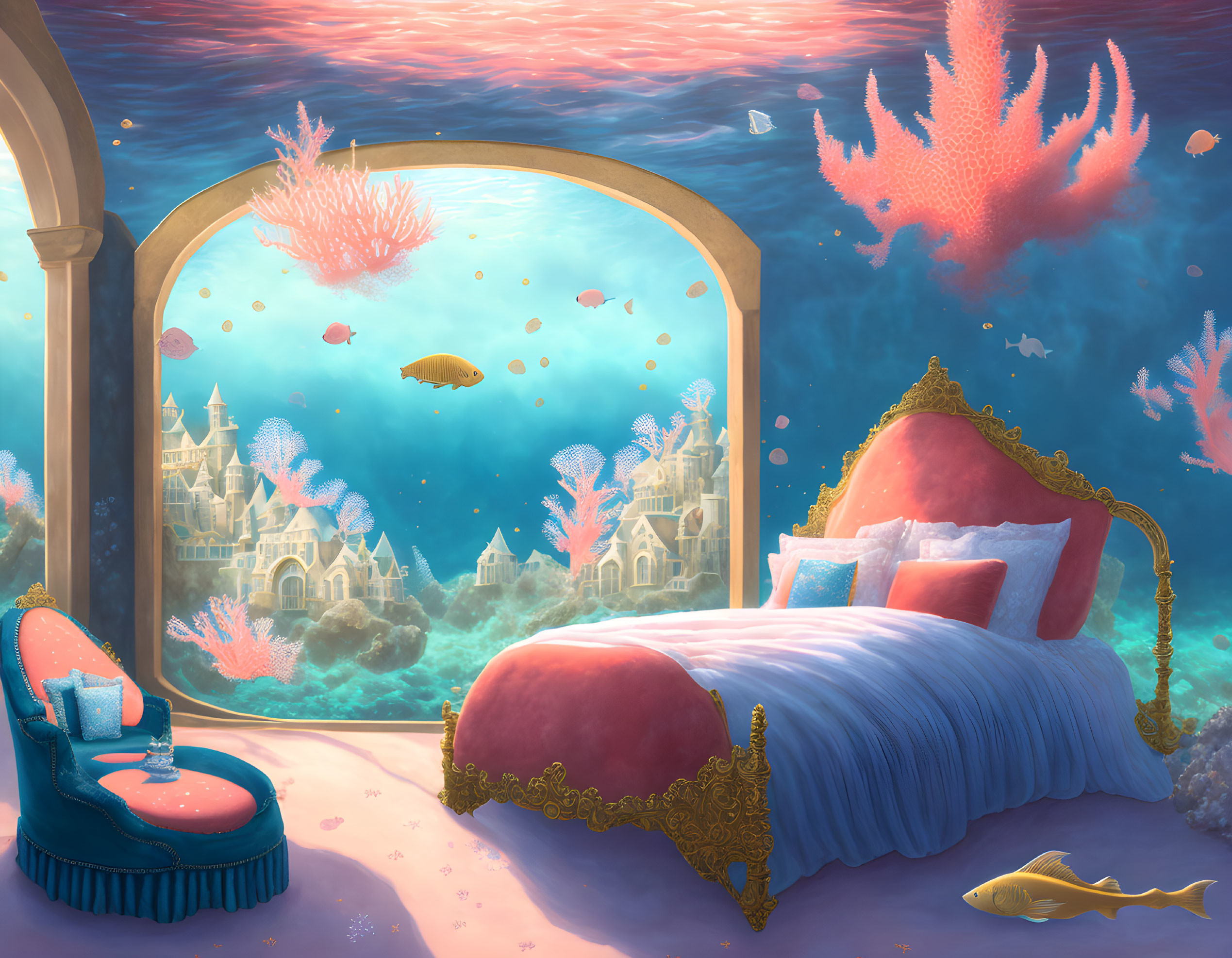 Underwater bedroom with coral castle view and vibrant sea life