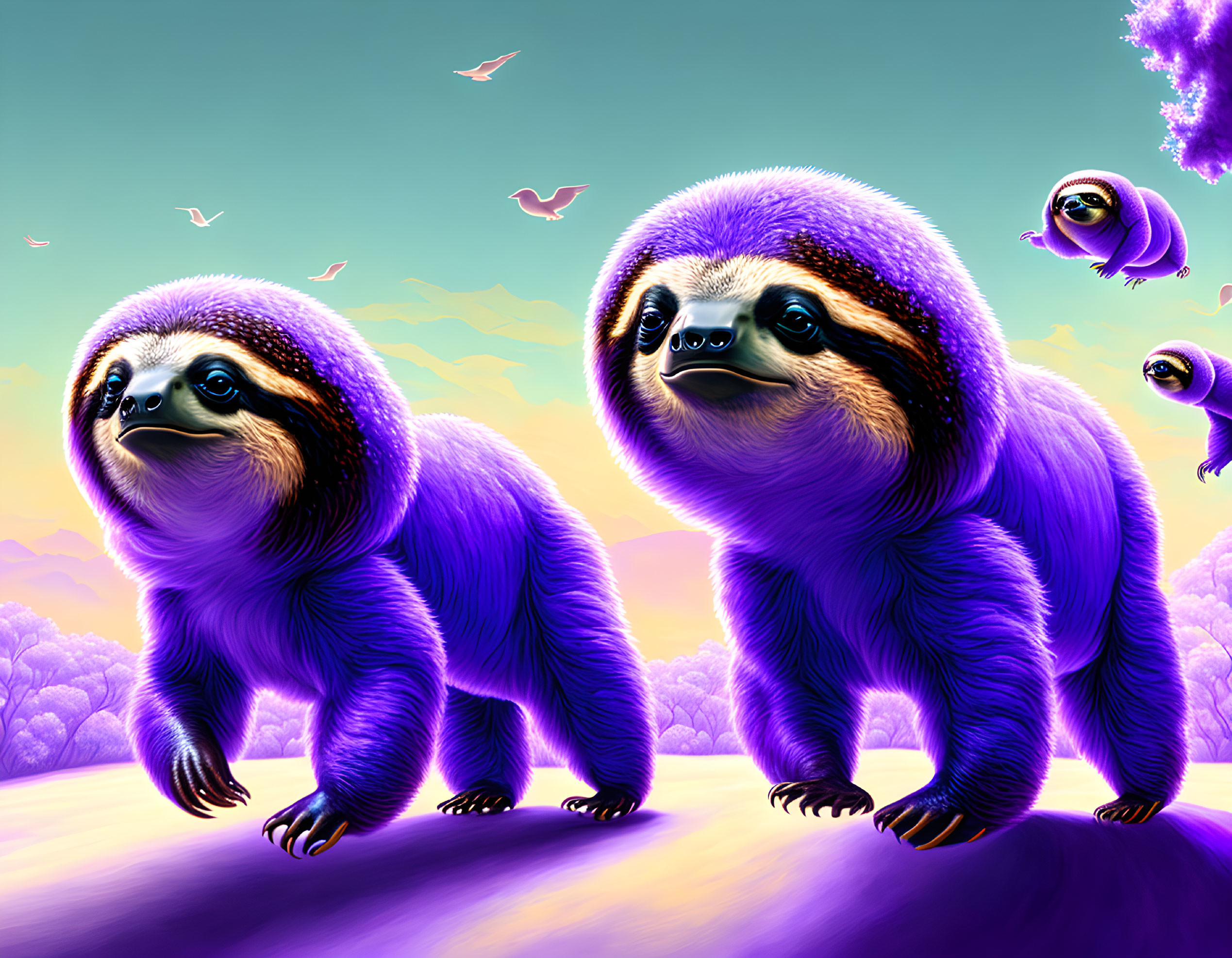 Vibrant purple sloths with three eyes under a whimsical sky