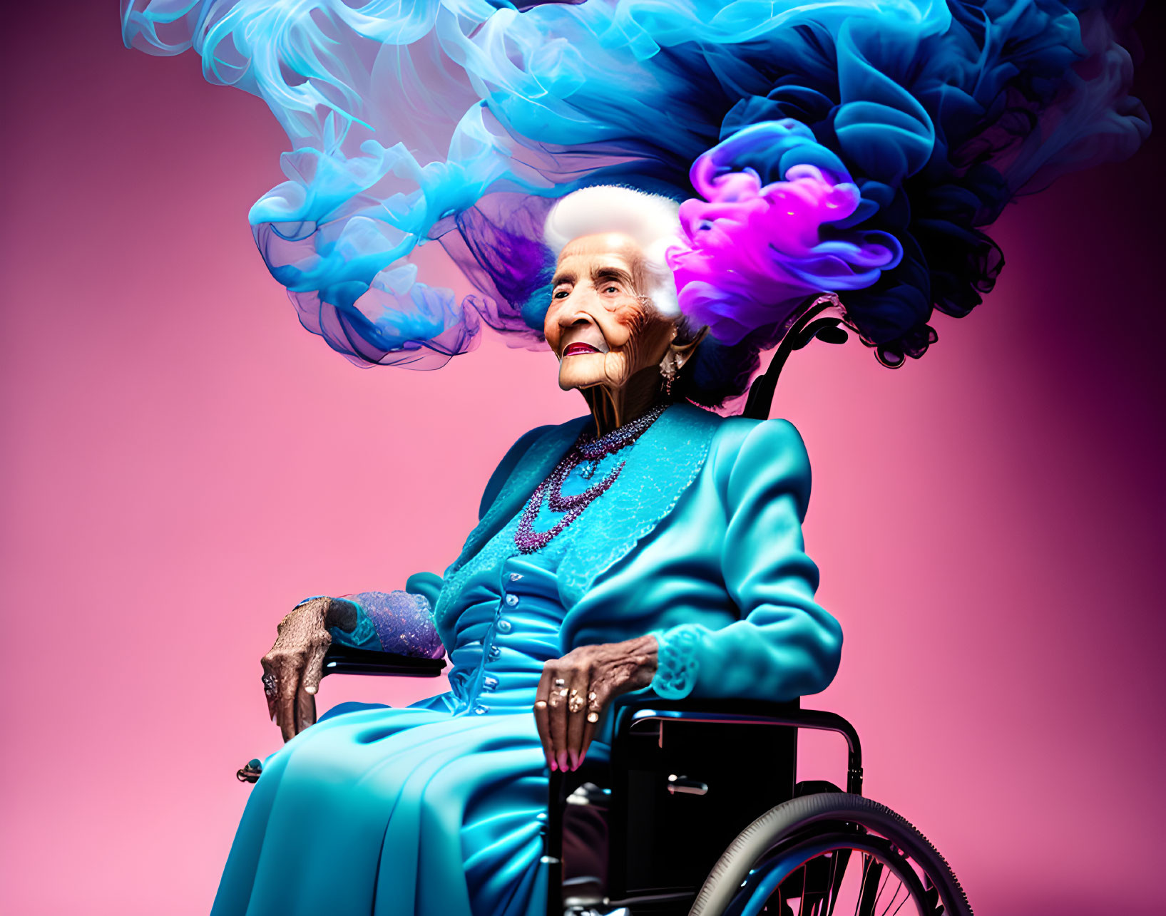 Elderly woman in teal outfit with blue smoke on pink background