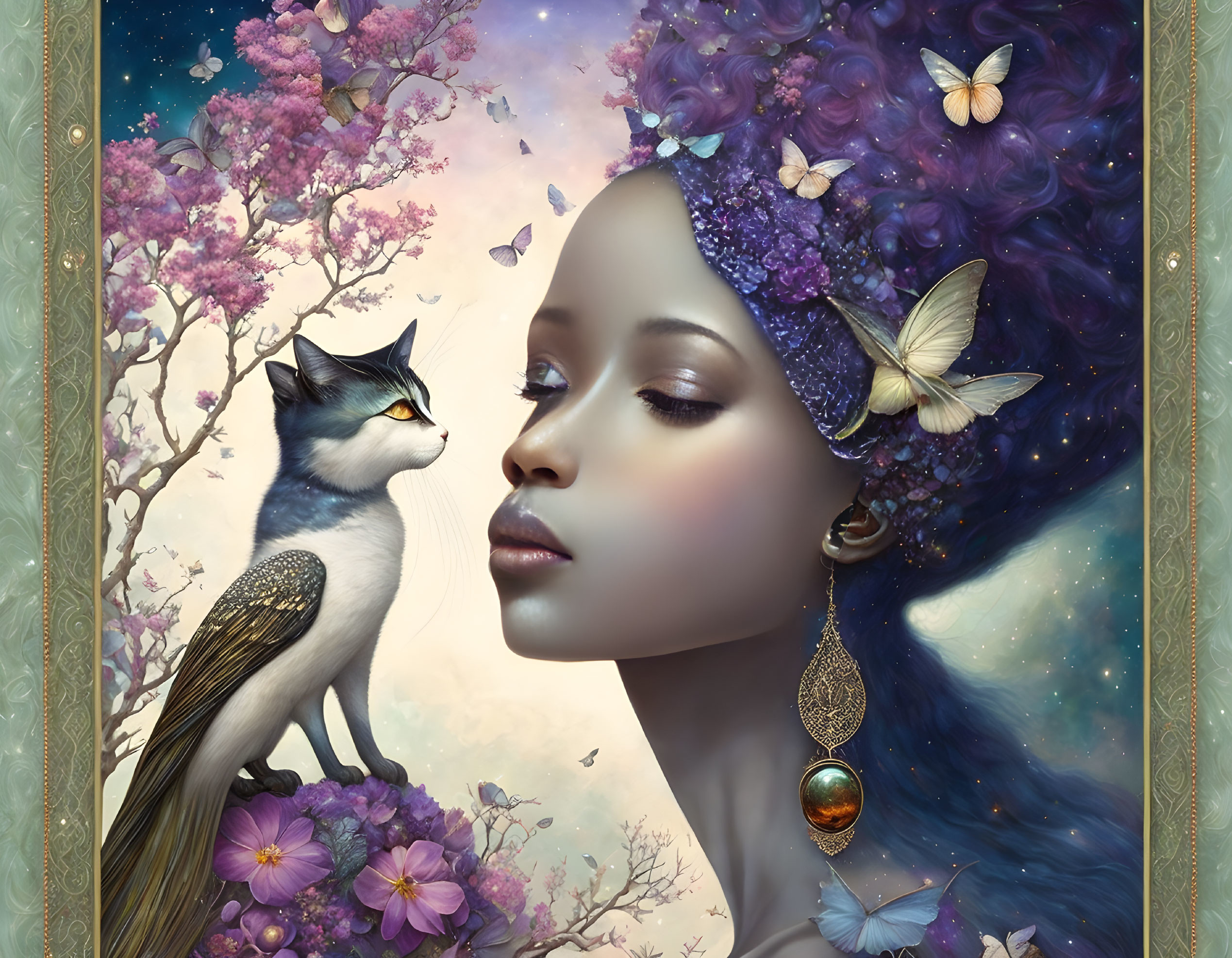 Surreal portrait featuring woman with cosmos-themed hairstyle and cat with peacock features