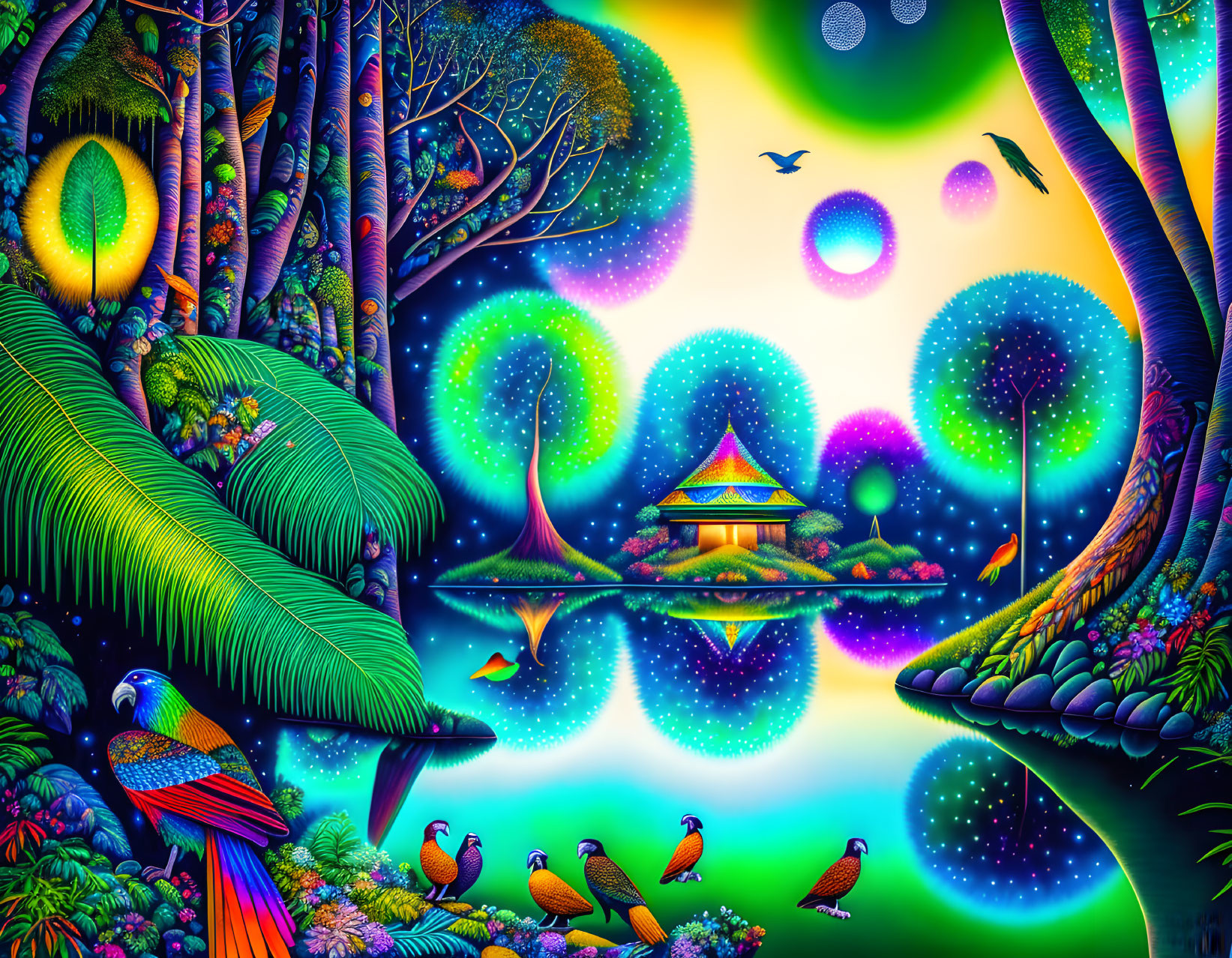 Colorful Psychedelic Artwork: Fantasy Landscape with Pagoda, Birds, Foliage,