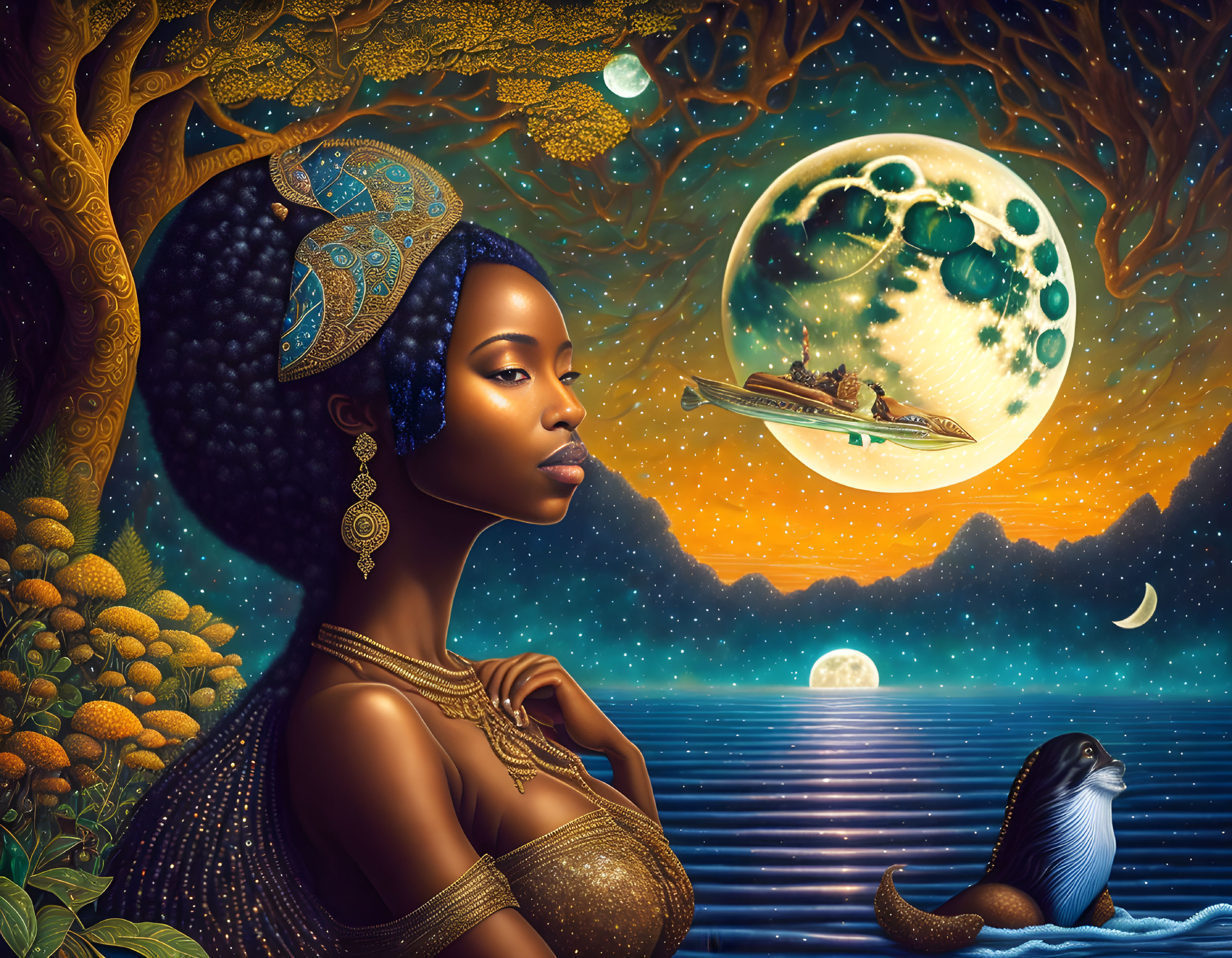 Surreal African woman portrait with elaborate headgear in moonlit scene