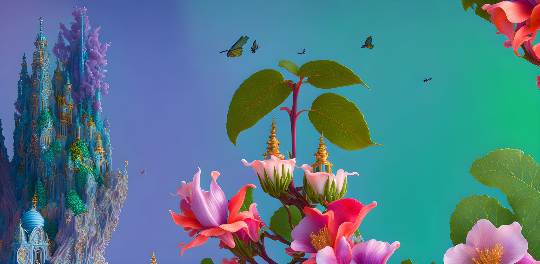 Detailed fantasy illustration: Blue castle, pink flowers, butterflies in vibrant scene