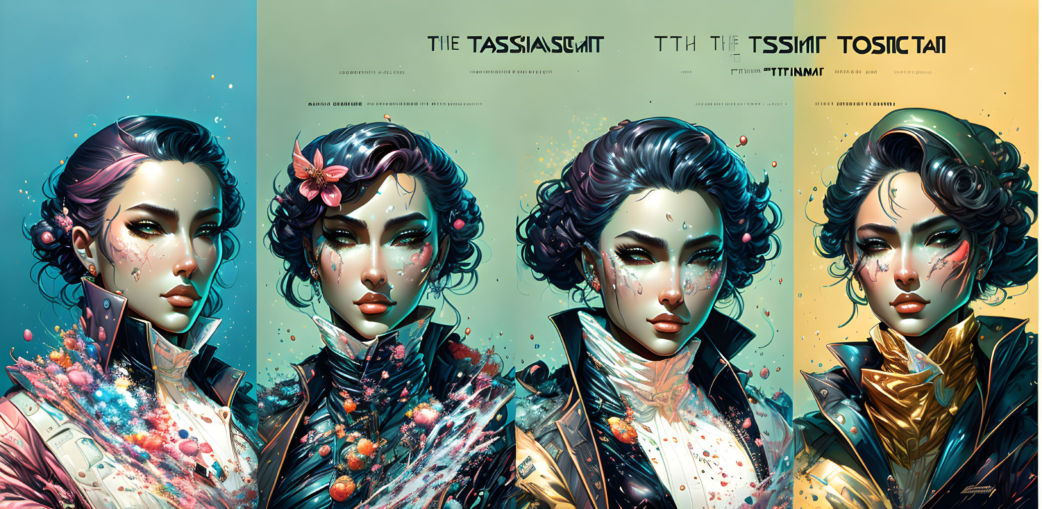 Vibrant digital artwork: five stylized female portraits with dynamic poses and futuristic fashion.