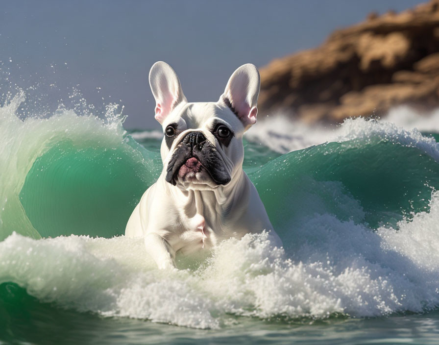 French Bulldog Riding Wave with Perked Ears in Splashing Water