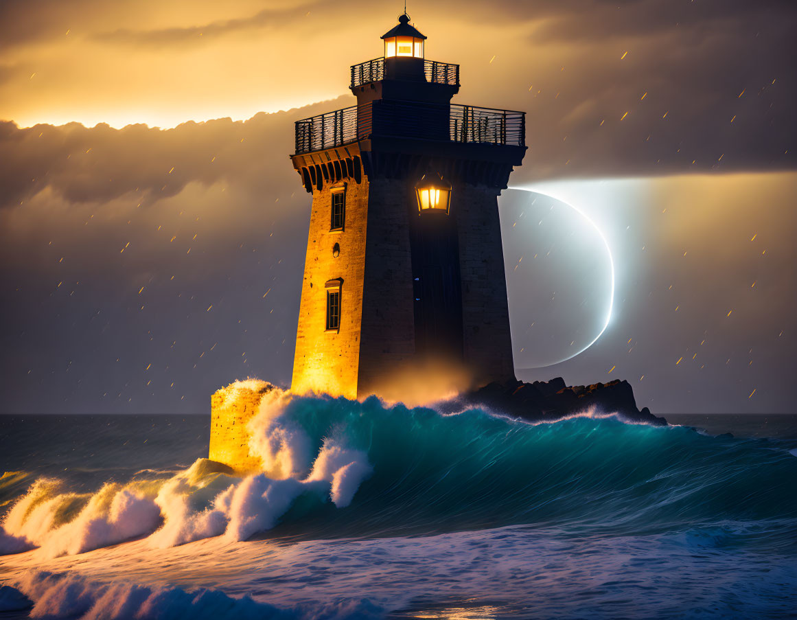 Towering lighthouse in stormy night with crescent moon