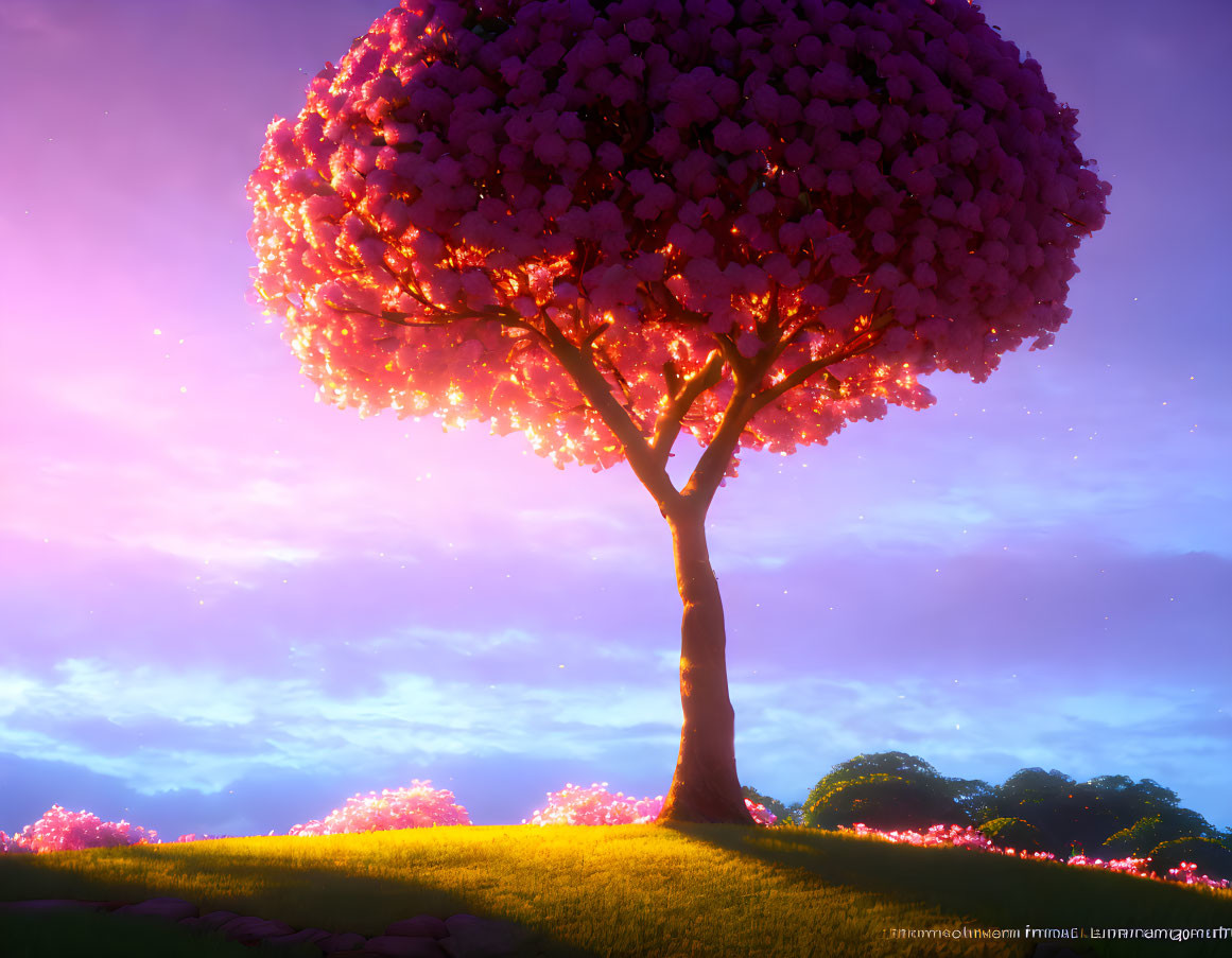 Vibrant cherry blossom tree illustration on serene hill at dusk