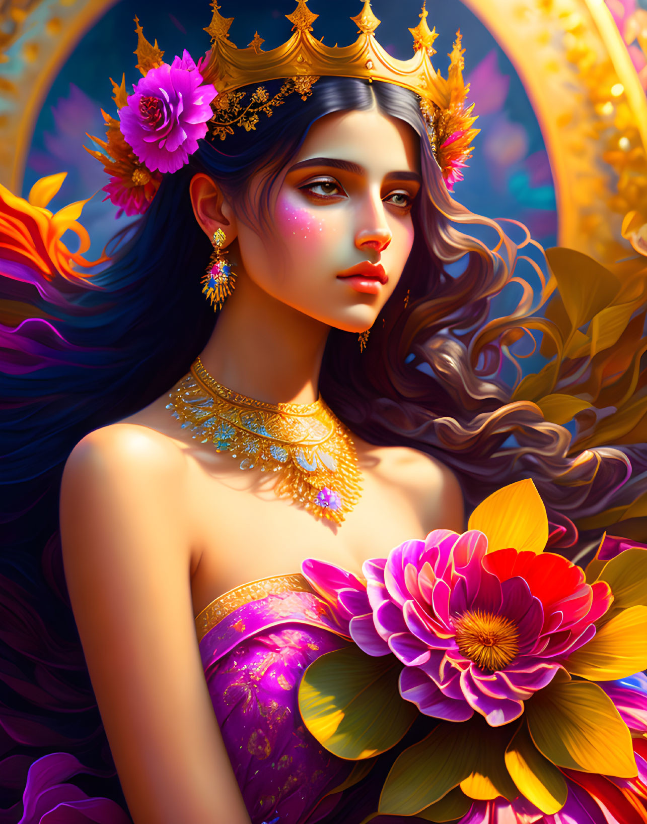 Digital illustration of woman with brown hair, golden crown, pink flowers, gold jewelry, purple dress,