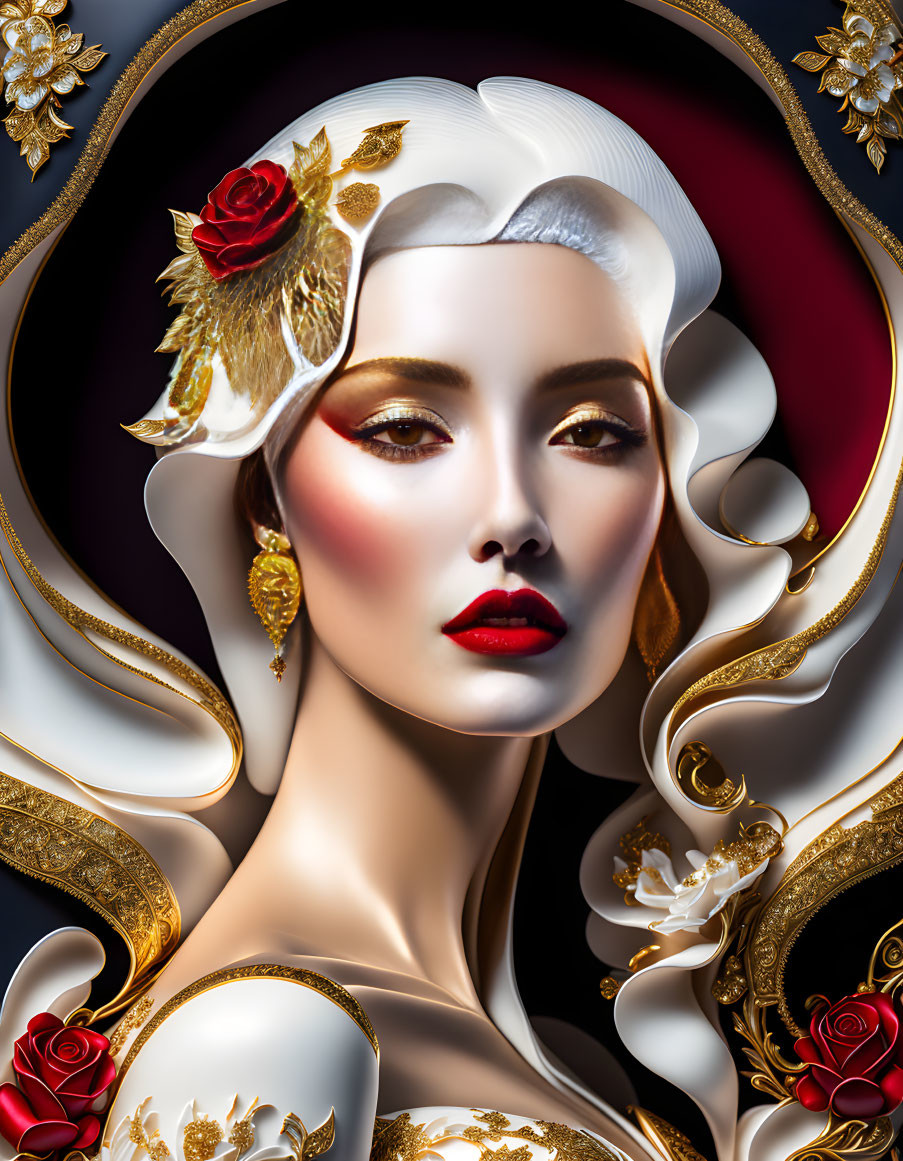 Woman with striking makeup and red lips surrounded by baroque elements and roses.