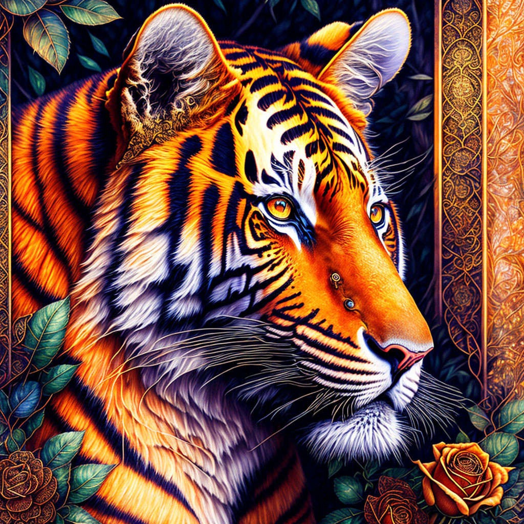 Detailed Tiger Face Illustration with Floral Motifs & Warm Colors