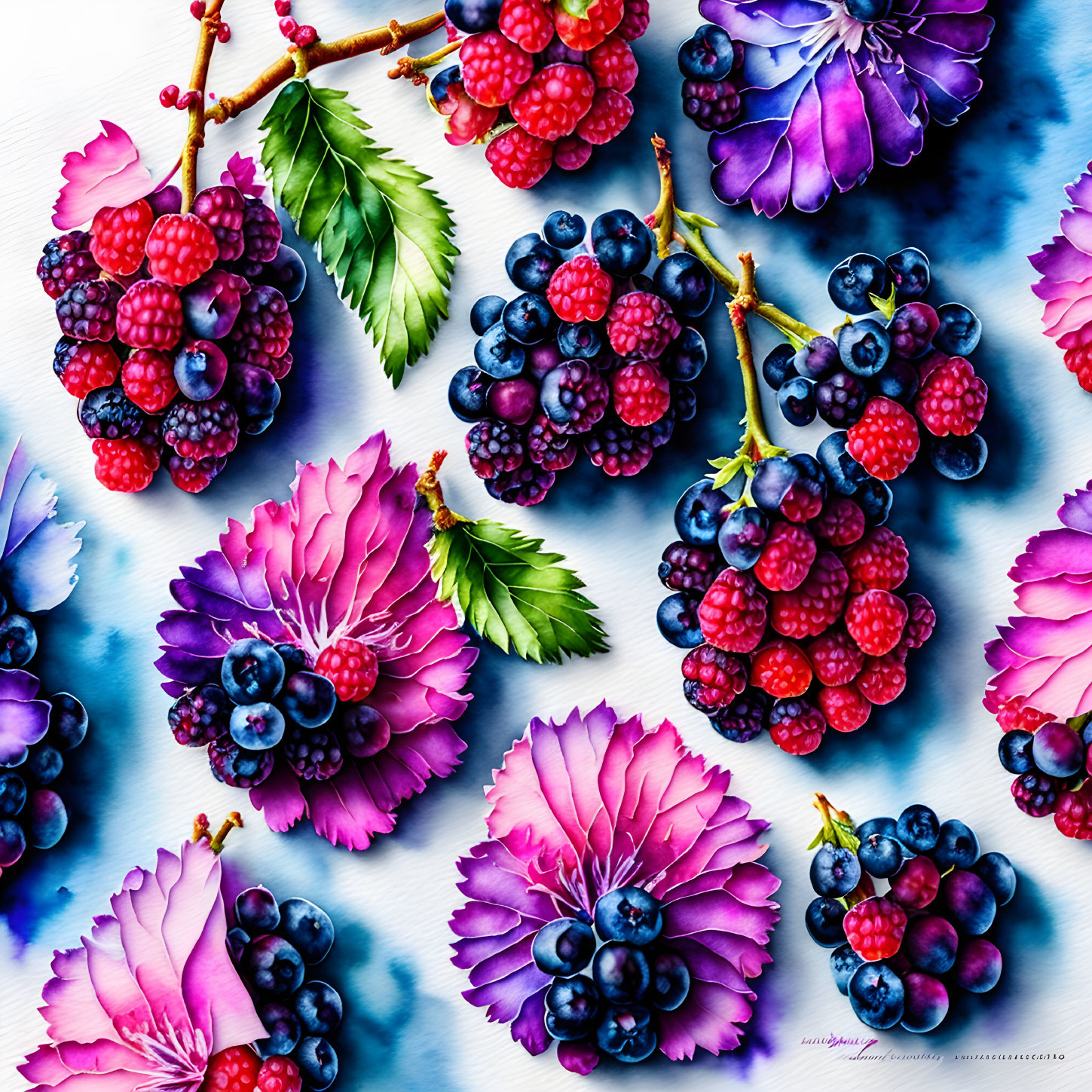 Colorful Berry and Flower Arrangement on Blue Background