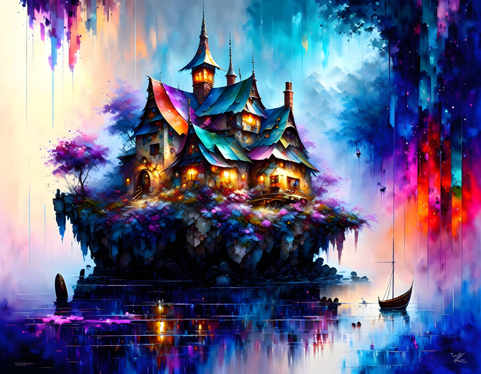 Colorful Digital Artwork: Whimsical Cottage on Overgrown Island