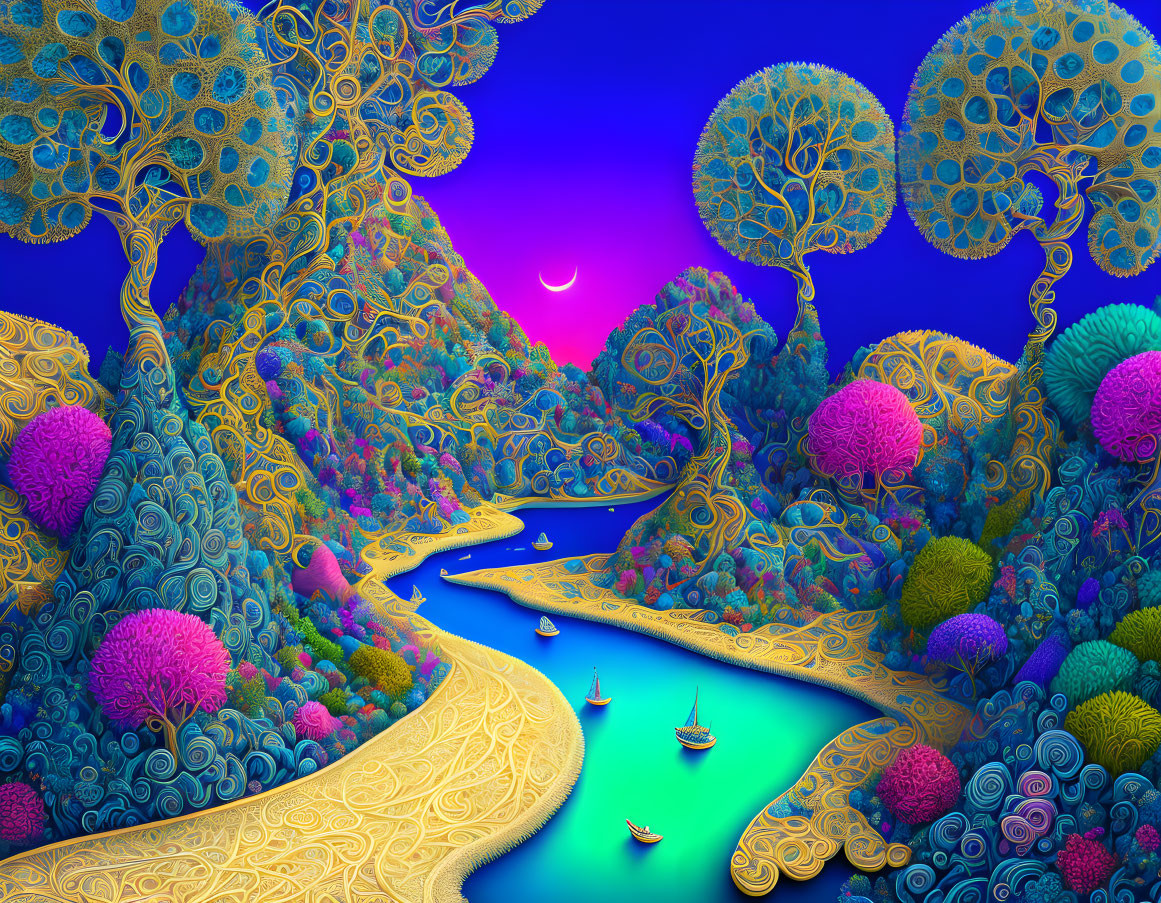 Colorful digital art: whimsical landscape with patterned trees, river, foliage, boats, cres