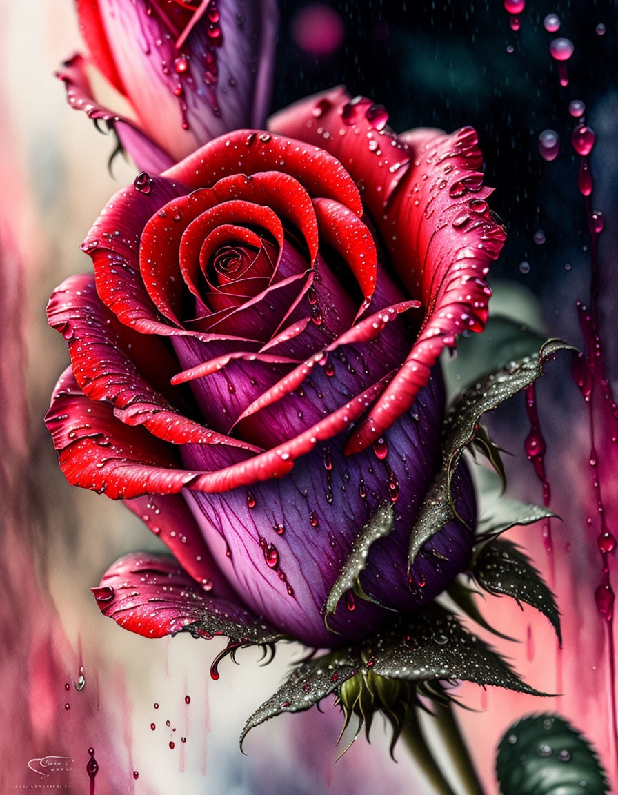 Vibrant red rose with water droplets on petals against blurred background