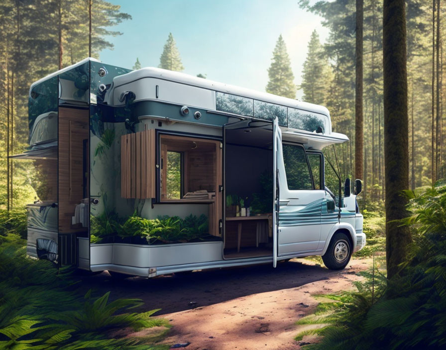 Modern RV parked in tranquil forest clearing with open side and rear doors.