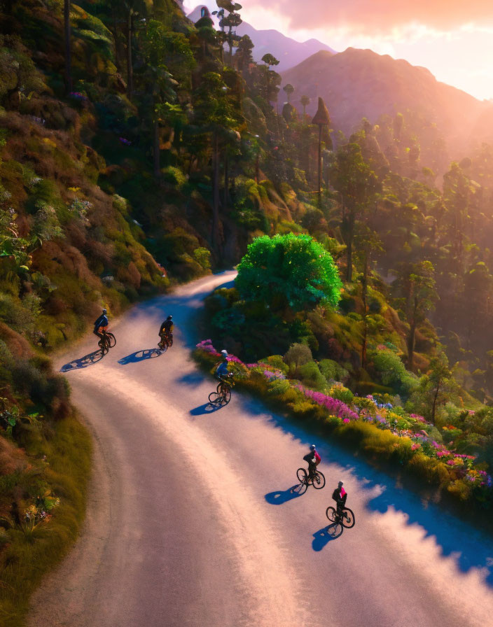 Cyclists on winding mountain road at sunset