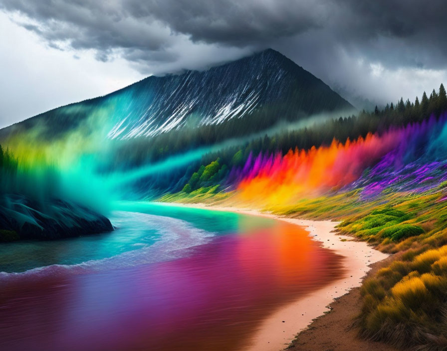 Colorful Rainbow Landscape with Mountains, River, and Stormy Sky