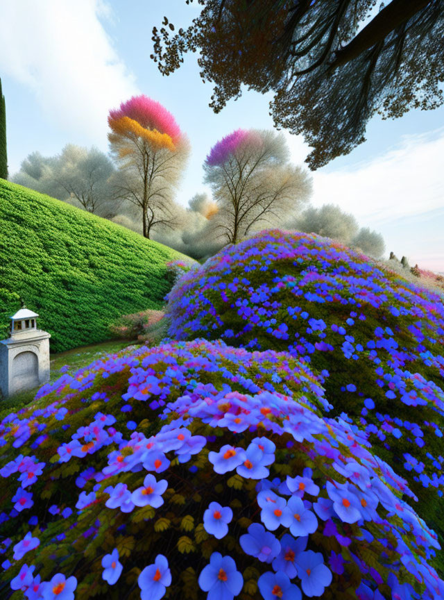 Lush garden with purple and yellow blooms, colorful trees, and blue sky